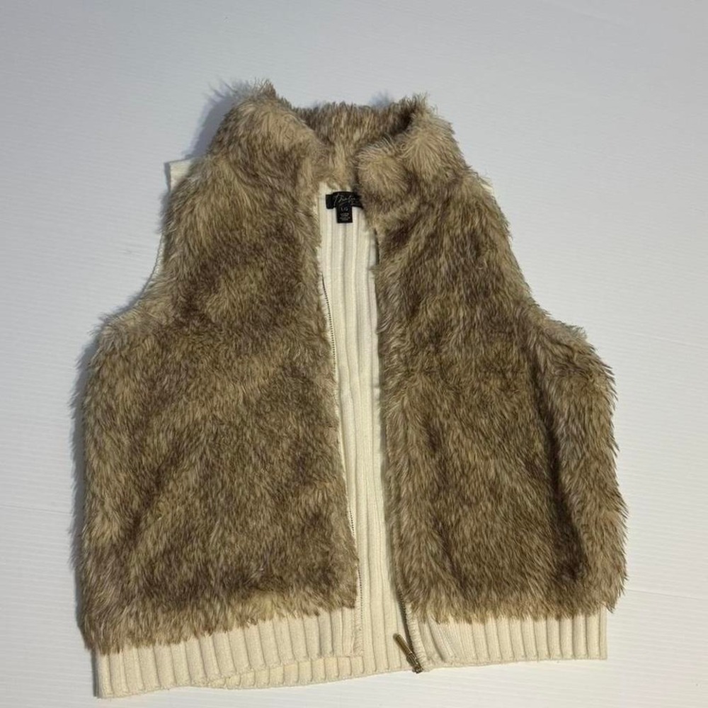 Thalia Sodi Y2K Faux Fur White Ribbed Zip Up Sweater Vest Boho Chic Gorpcore L